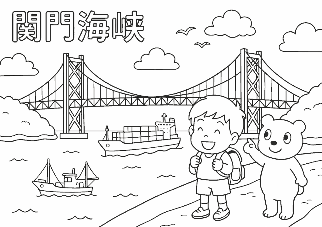 山口県下関・関門海峡の塗り絵 白黒 無料ダウンロード 印刷用
