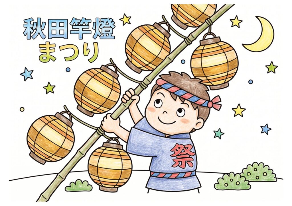 秋田竿燈まつりの塗り絵イラスト カラー見本（無料・印刷OK）