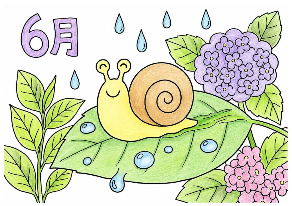 カタツムリの散歩の塗り絵イラスト カラー見本（無料・印刷OK）