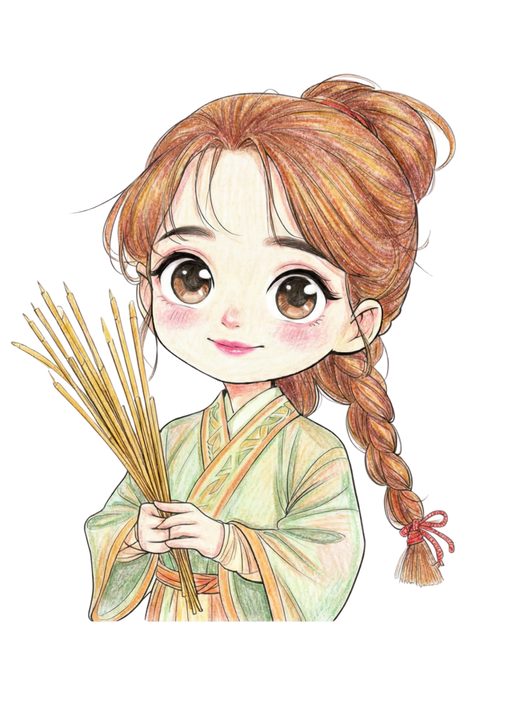 可愛いアジアの女の子の塗り絵イラスト カラー見本 無料ダウンロード