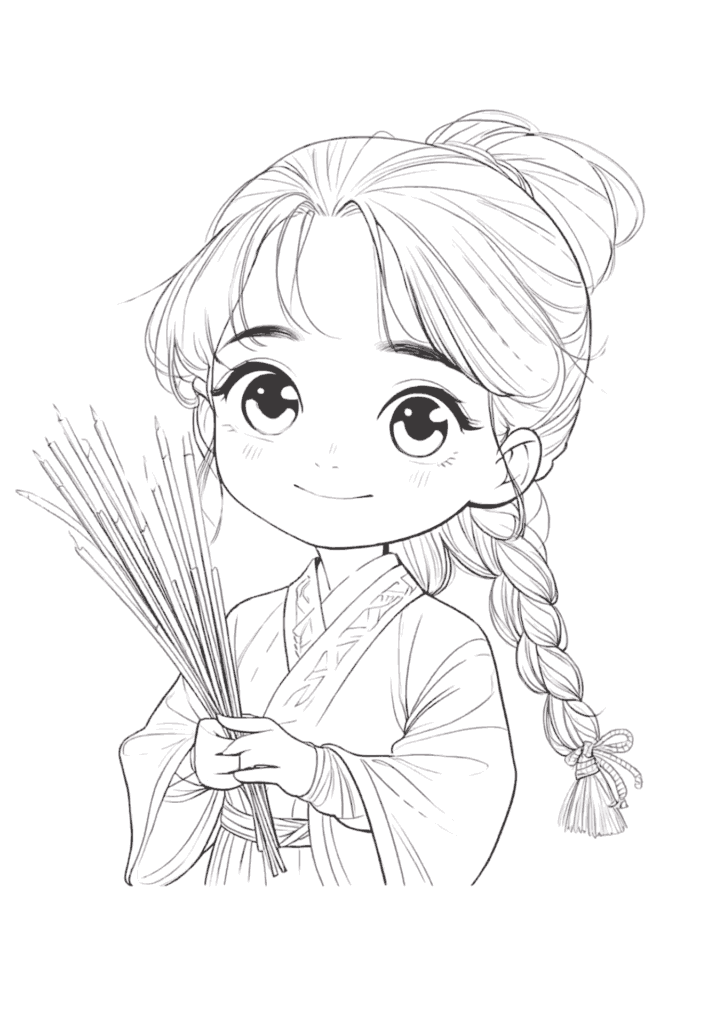 可愛いアジアの女の子の塗り絵イラスト 白黒 無料ダウンロード 印刷用
