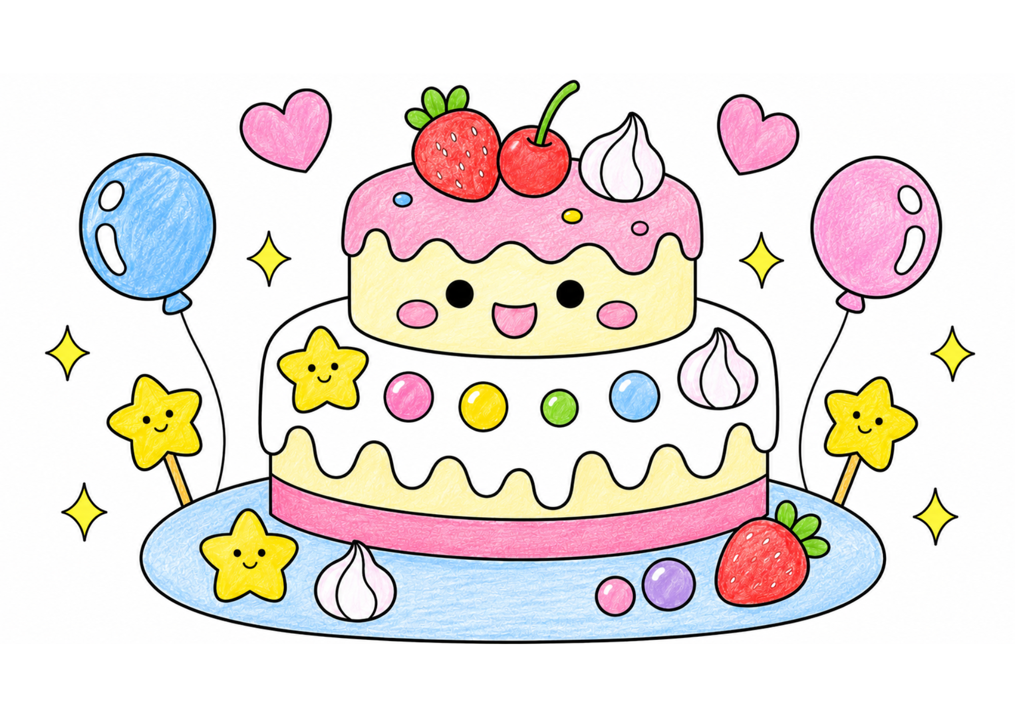 かわいいデコレーションケーキの塗り絵イラスト カラー見本（無料・印刷OK）