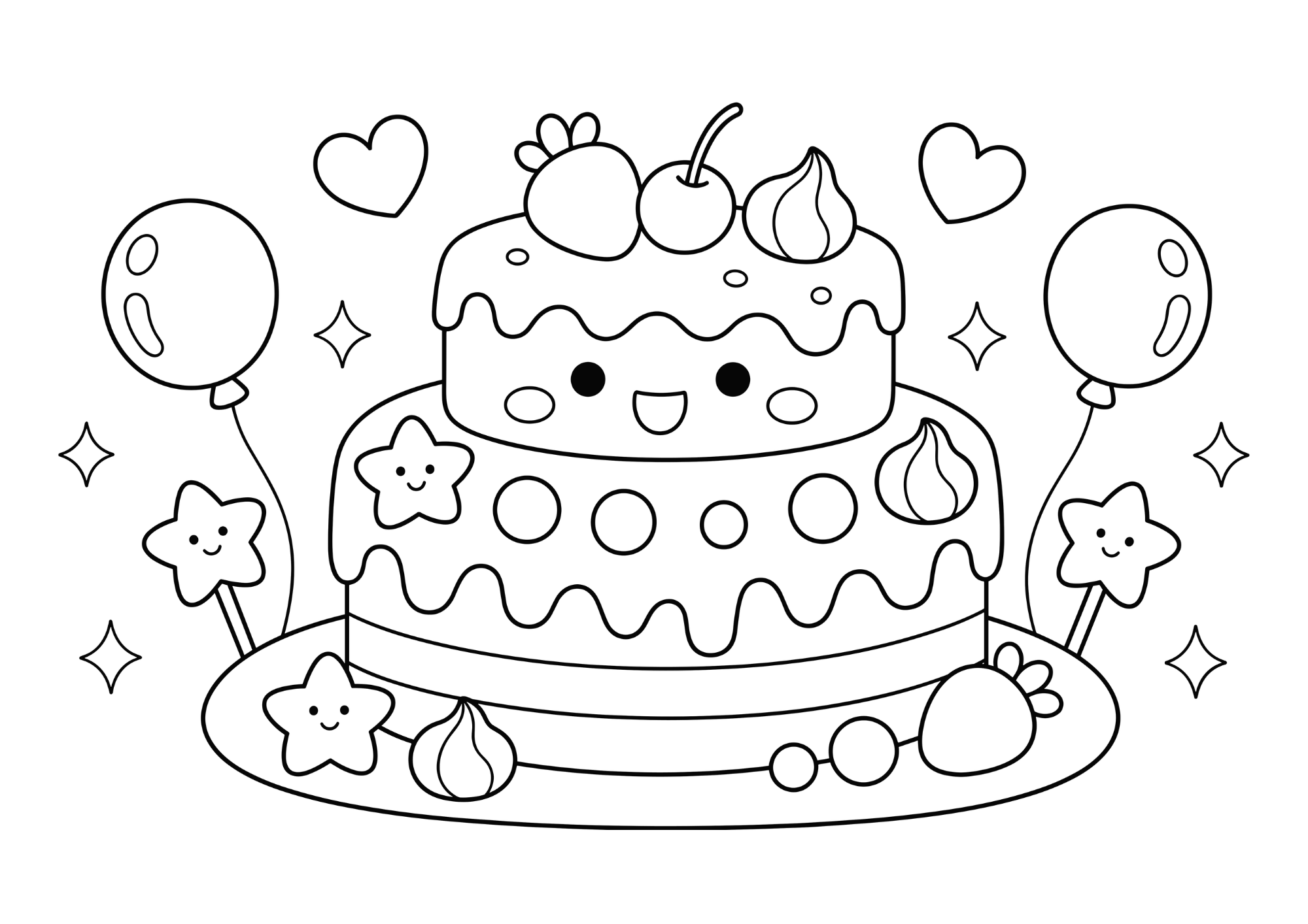 かわいいデコレーションケーキの塗り絵イラスト 白黒線画 印刷用（無料）