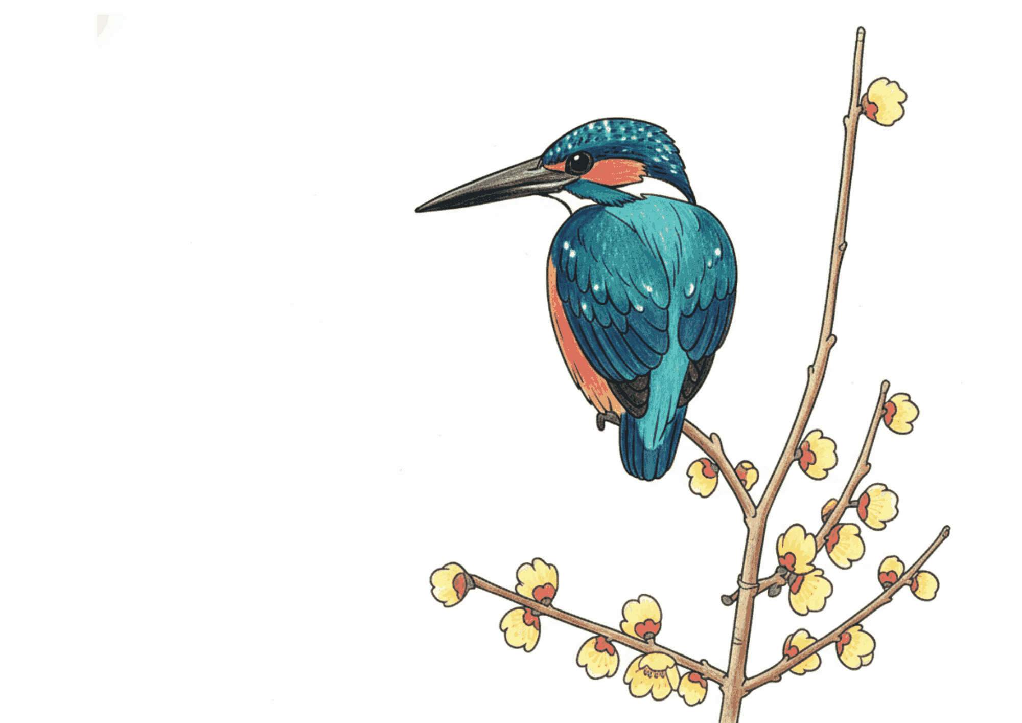 カワセミと蝋梅の枝の無料ぬりえイラスト|高齢者向け|塗りやすい|冬の風景|ダウンロード