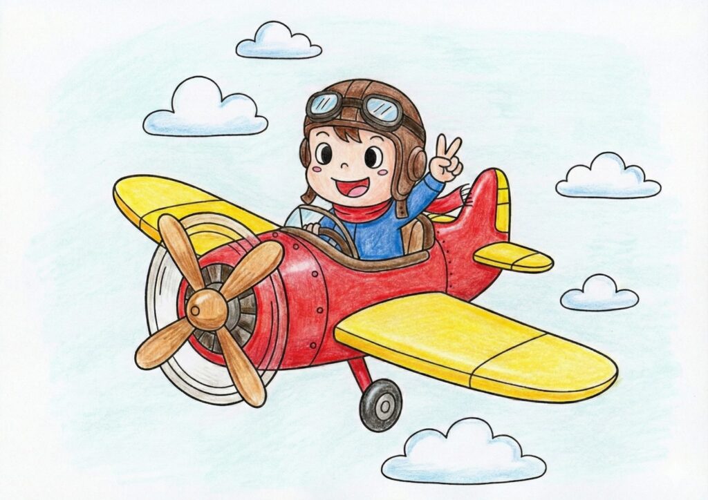 飛行機に乗る子どもの塗り絵イラスト カラー見本（無料・印刷OK）
