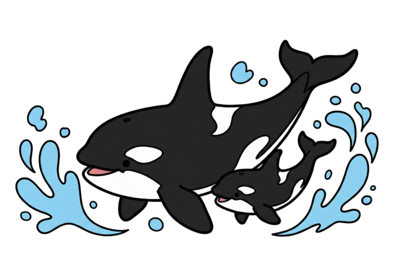 Orca mother and calf coloring page - colored sample