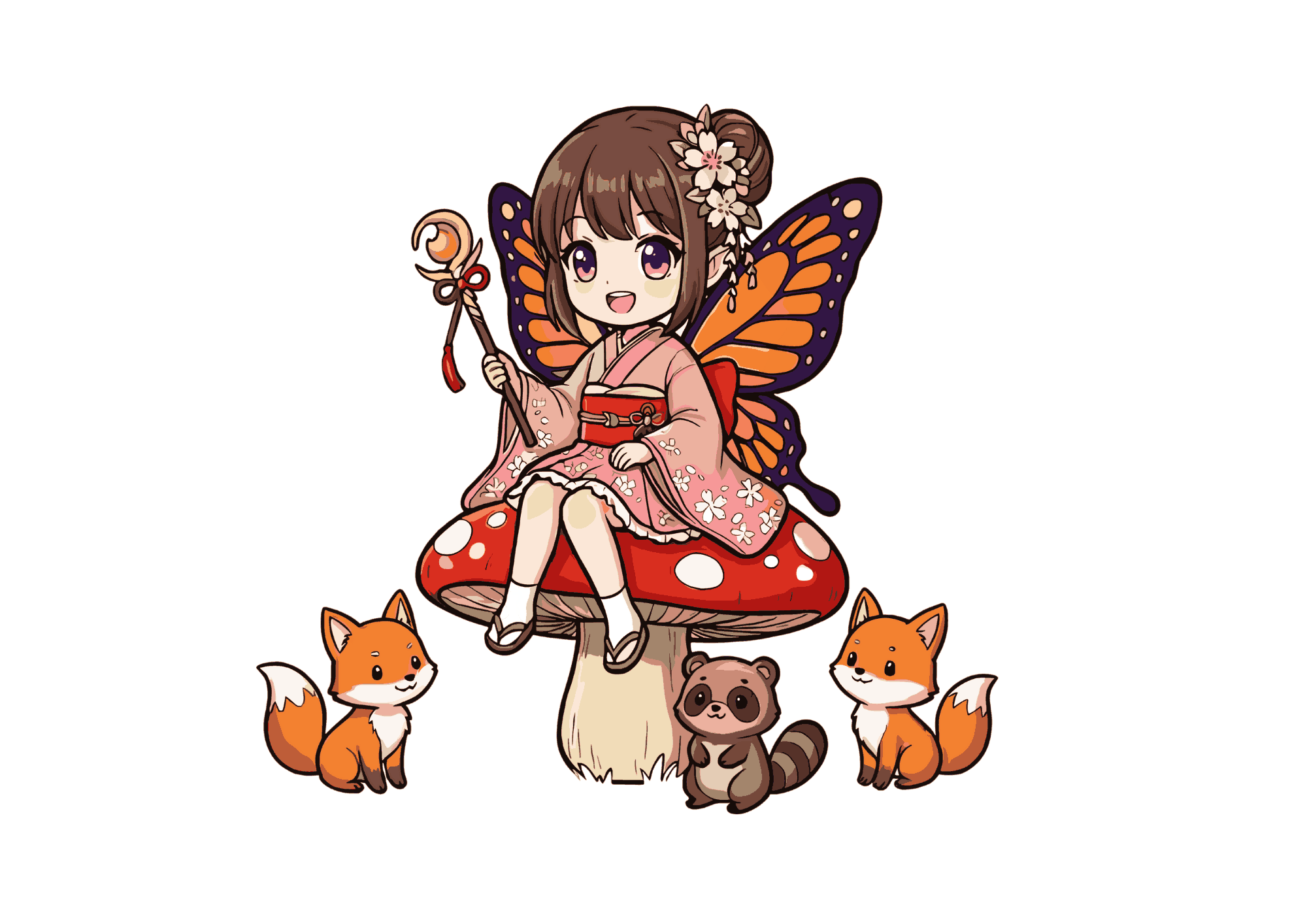きのこに座る着物姿の妖精と動物たちのぬりえ見本|子供向けファンタジーイラスト