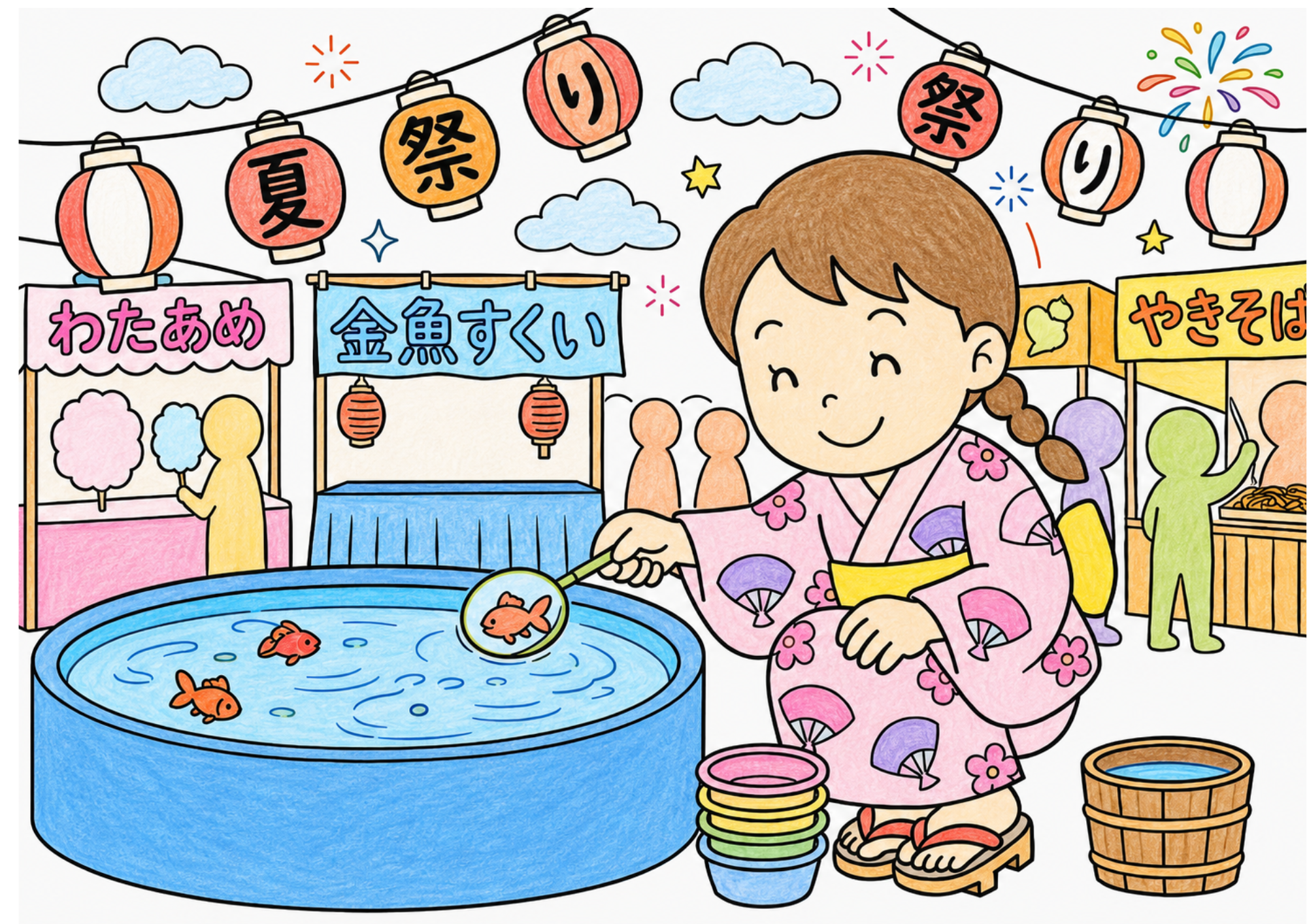 金魚すくいをする女の子の塗り絵 カラー見本