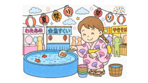 夏祭りの金魚すくいをする女の子の塗り絵イラスト