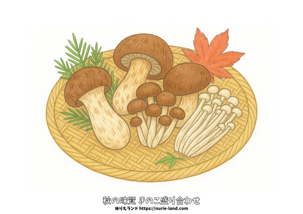 秋のきのこ盛り合わせの塗り絵イラスト カラー見本（無料・印刷OK）