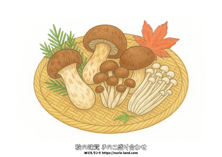 秋のきのこ盛り合わせの塗り絵イラスト