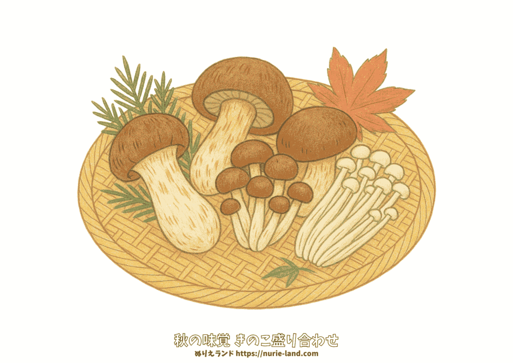 竹ざるに盛り付けた秋のきのこ盛り合わせぬりえ｜松茸・しいたけ・しめじ・えのき｜高齢者向け無料ダウンロード素材