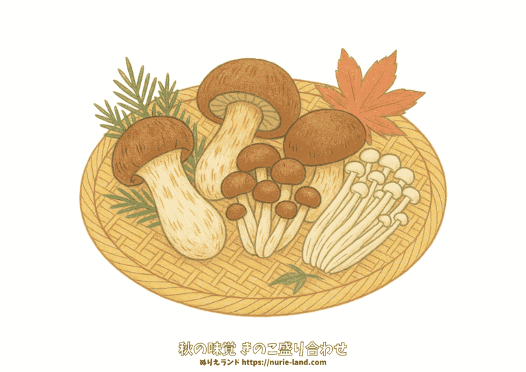 秋のきのこ盛り合わせの塗り絵イラスト