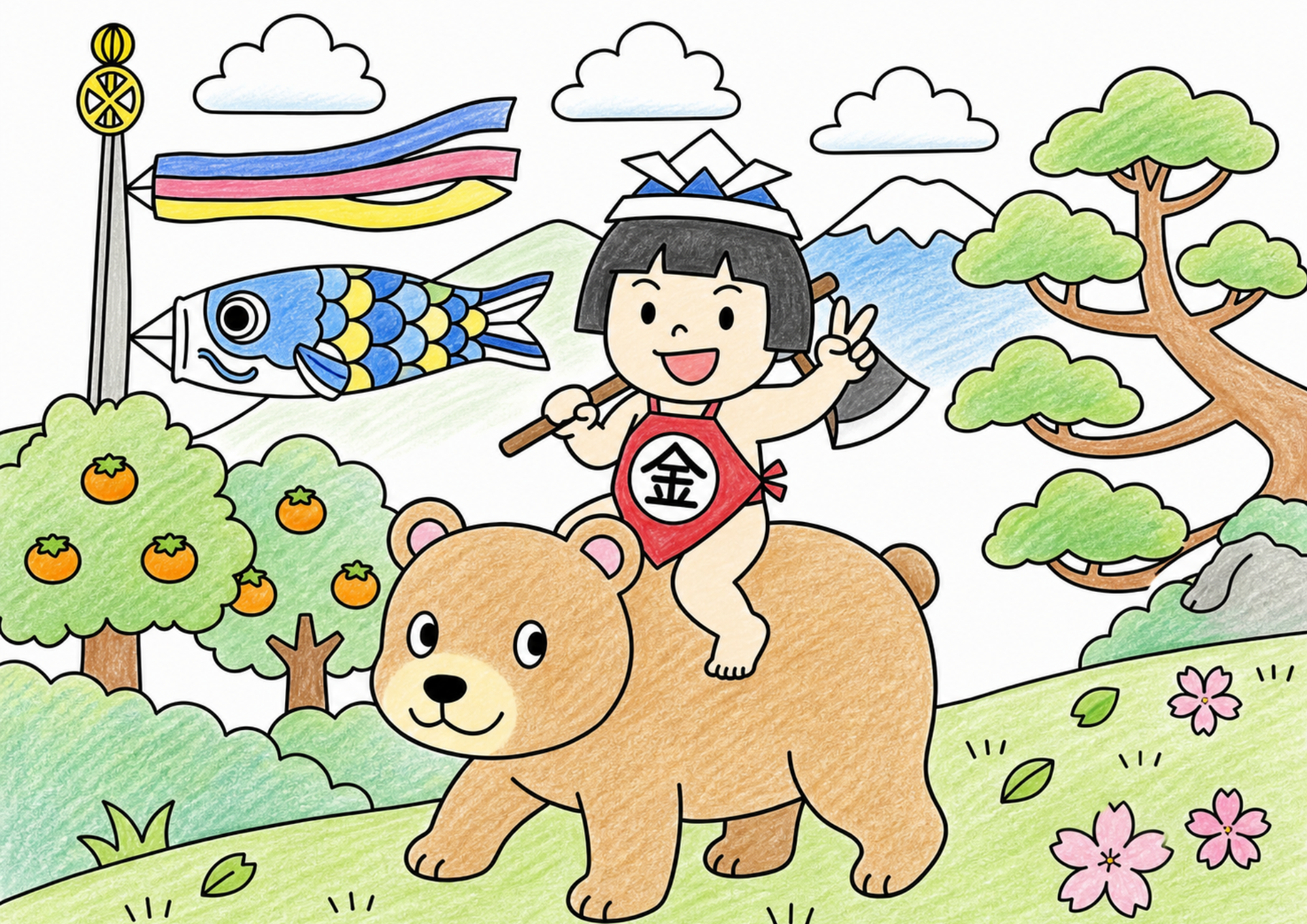 金太郎の塗り絵カラー見本、子供向け無料イラスト