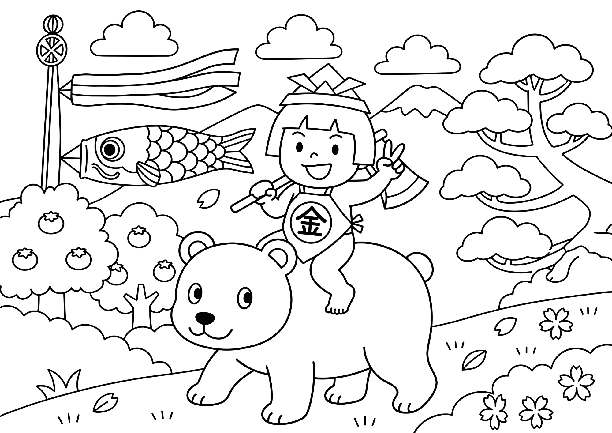 金太郎の塗り絵白黒、子供向け無料印刷