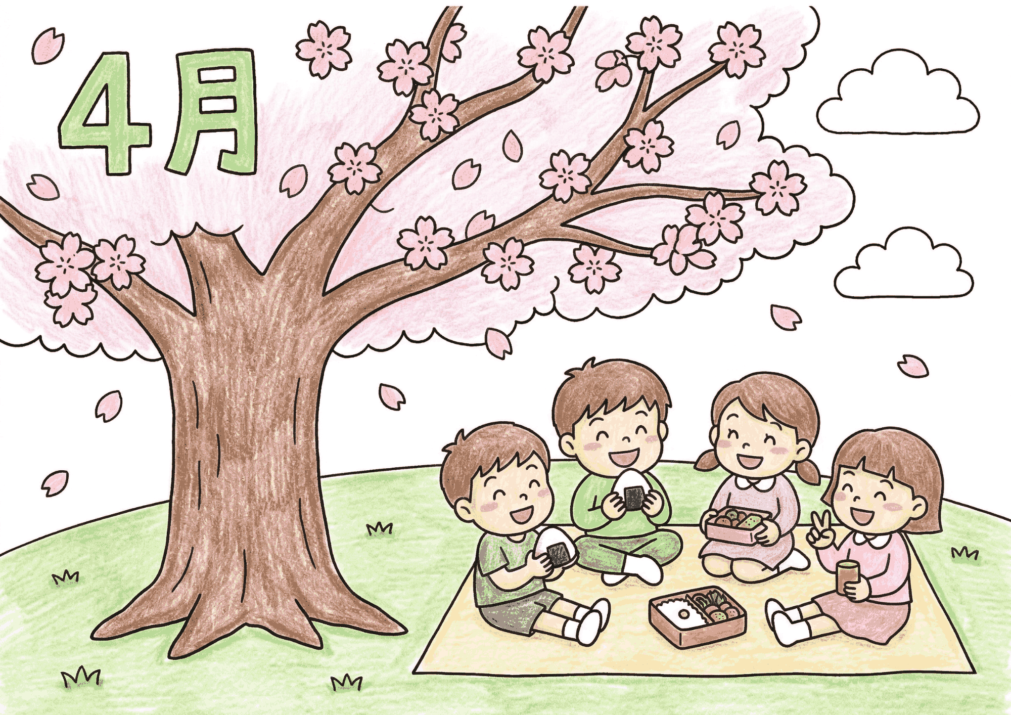 4月・お花見の塗り絵イラスト｜桜の下の子供たち 春の行事向け 無料ダウンロード（塗り絵フリー画像素材）