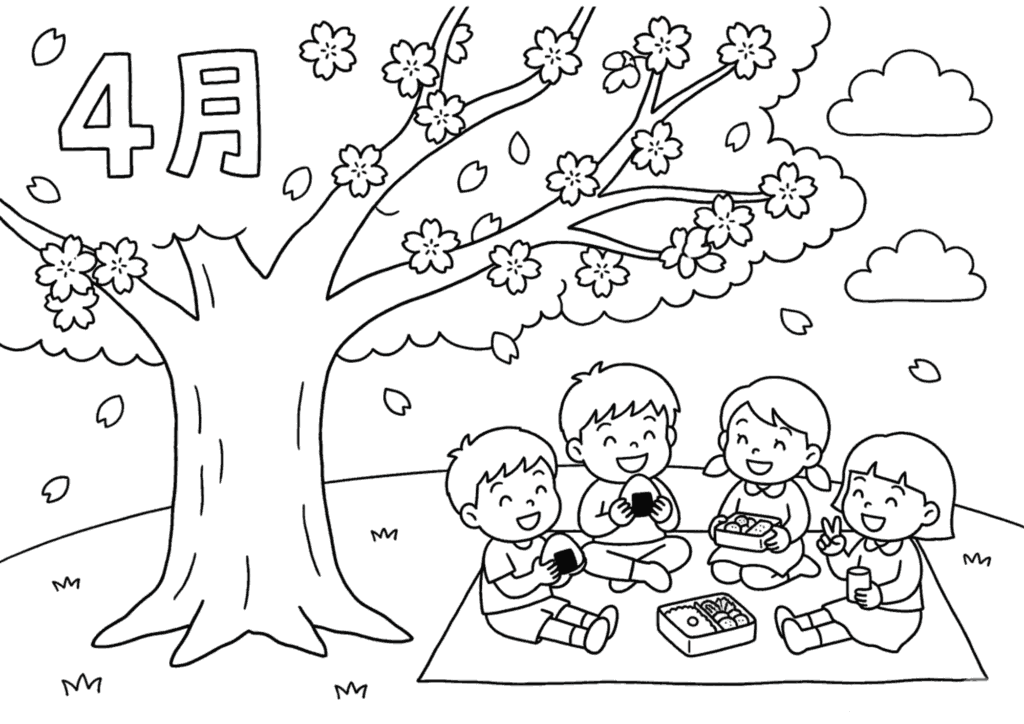 4月お花見の塗り絵 白黒線画 桜の下でお弁当を楽しむ子供たち