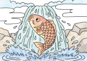 鯉の滝登りの塗り絵イラスト カラー見本（無料・印刷OK）