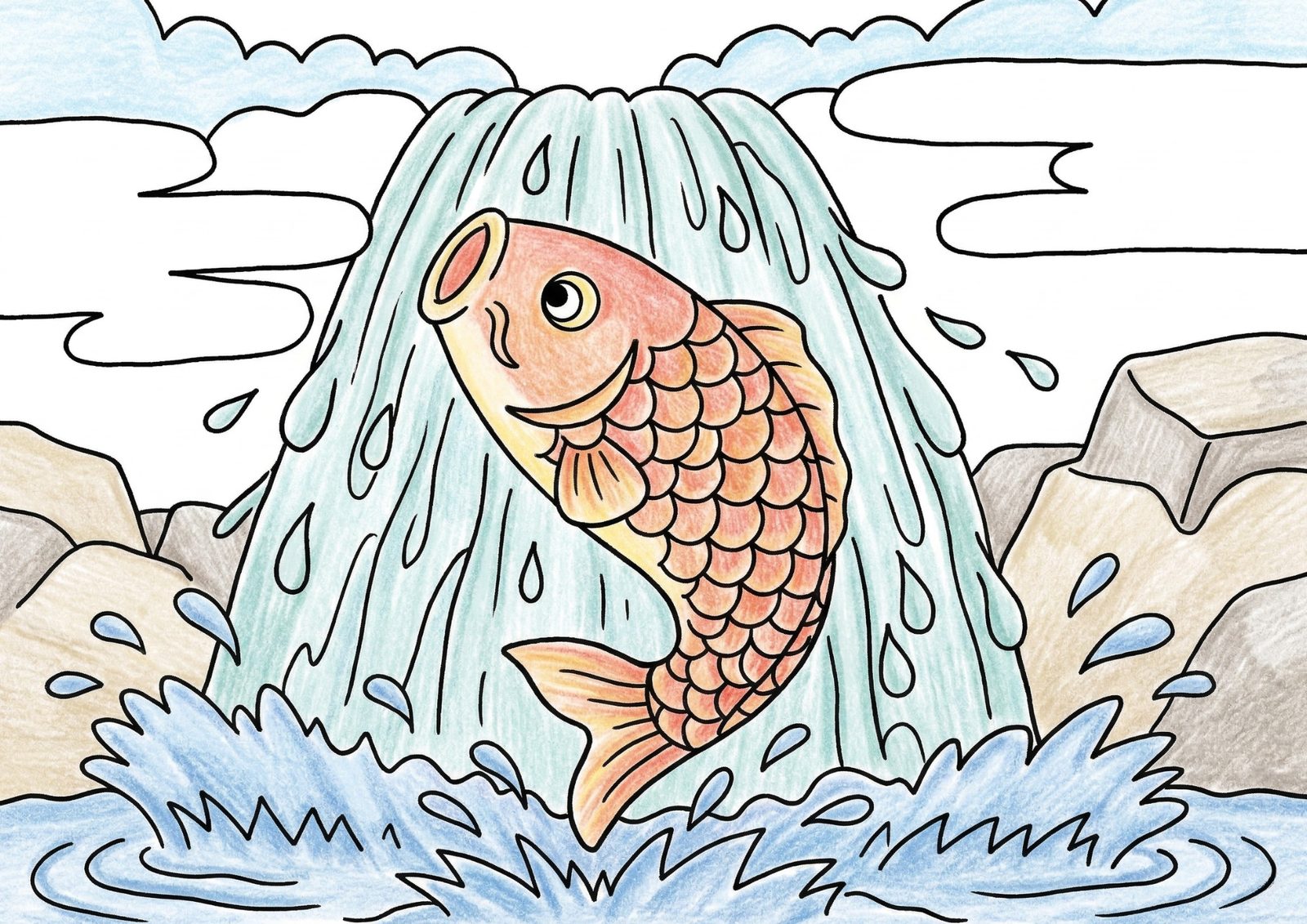 Koi Climbing a Waterfall Coloring Page — Free Printable for Adults & Seniors