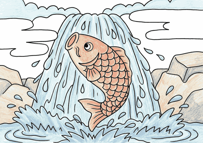鯉の滝登りの塗り絵イラスト