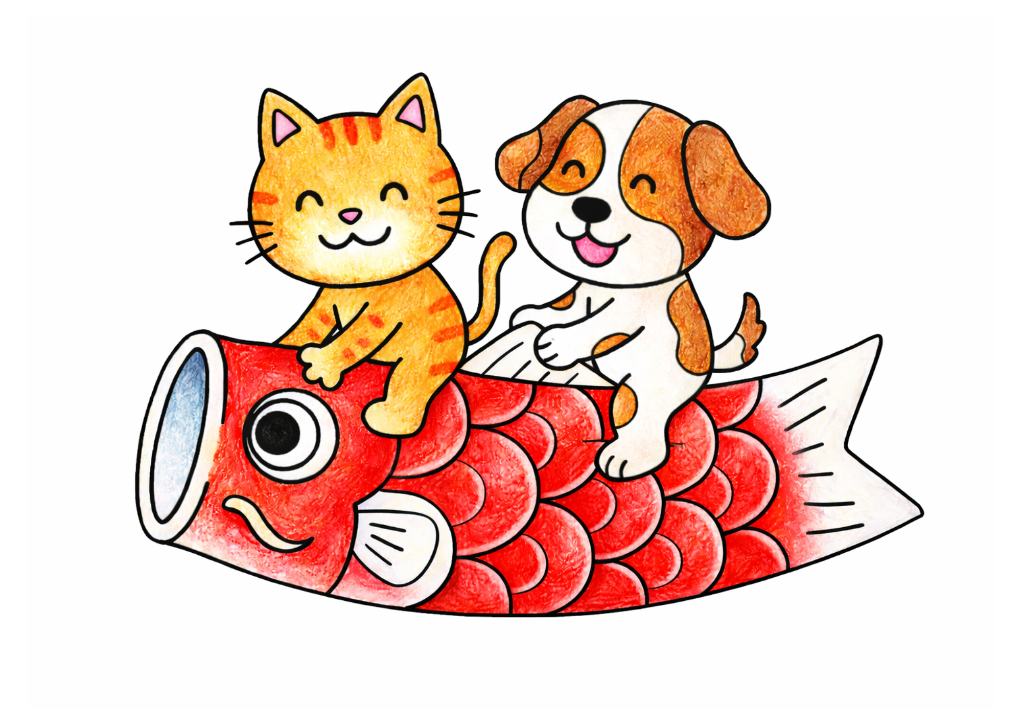 こいのぼりに乗るねこといぬの塗り絵イラスト カラー見本 こどもの日