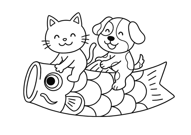 Cat and dog on a koinobori coloring page, black and white line art, free printable