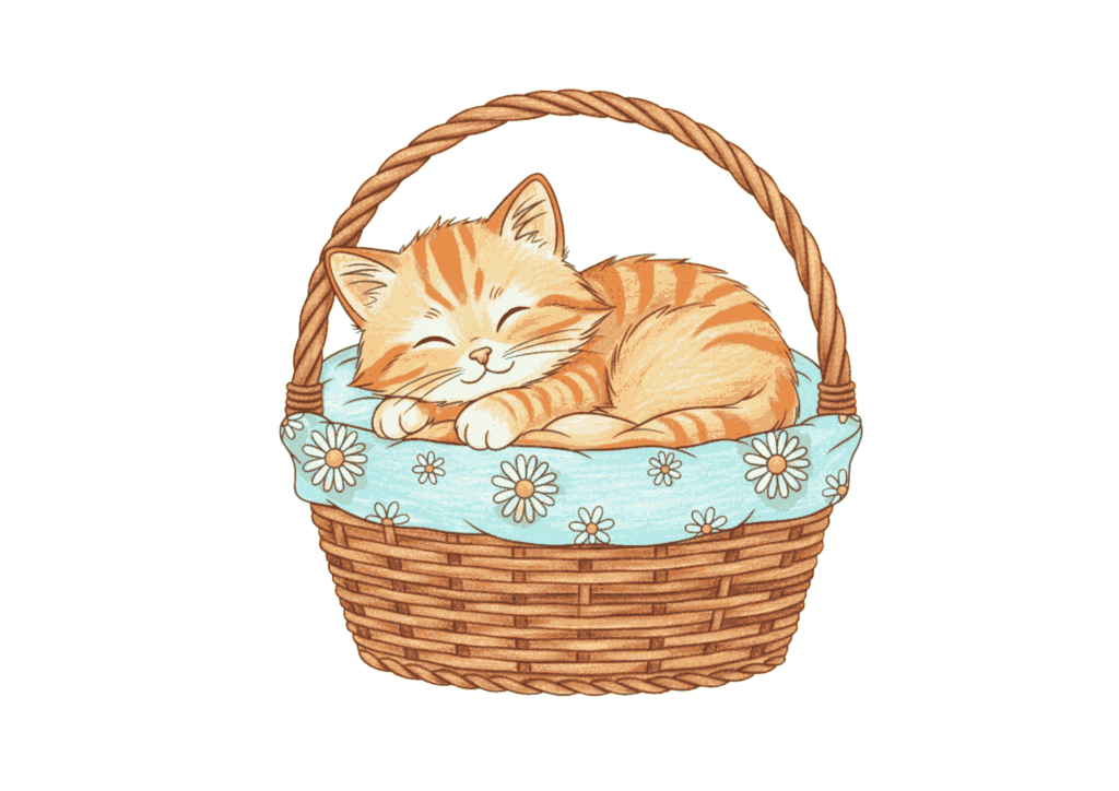 かごで眠る子ねこの無料ぬりえイラスト|高齢者向け|癒し・塗りやすい|通年素材|ダウンロード