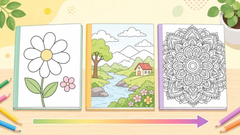 かんたん・ふつう・むずかしいの難易度別塗り絵ブックが並ぶイラスト