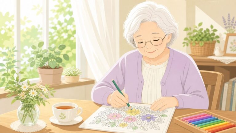 窓際で穏やかに塗り絵に集中するおばあちゃんのイラスト