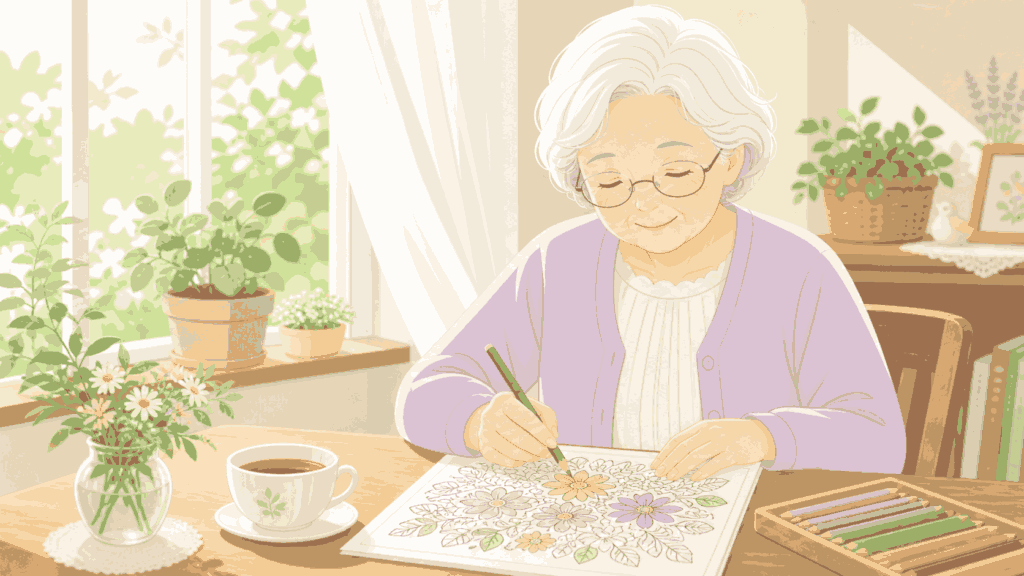 窓際で穏やかに塗り絵に集中するおばあちゃんのイラスト