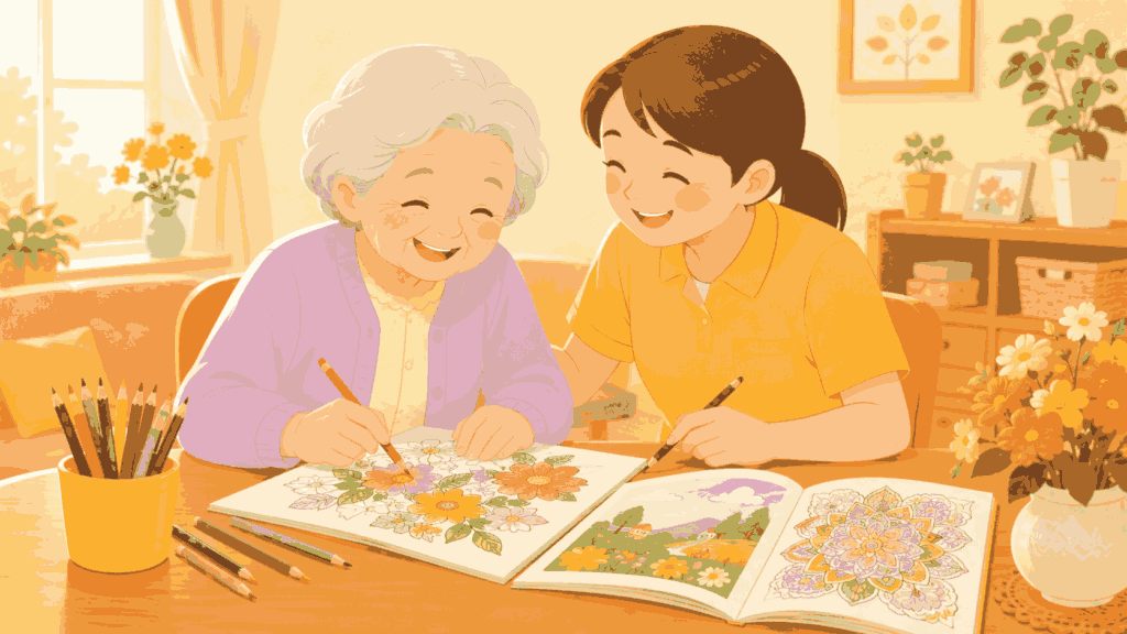 笑顔でぬりえを楽しむ高齢者のイラスト 認知症予防・脳トレ効果