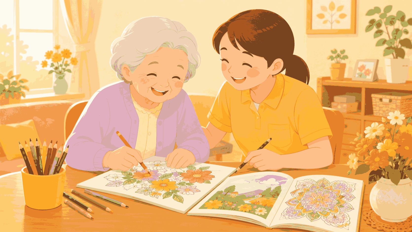 笑顔でぬりえを楽しむ高齢者のイラスト 認知症予防・脳トレ効果