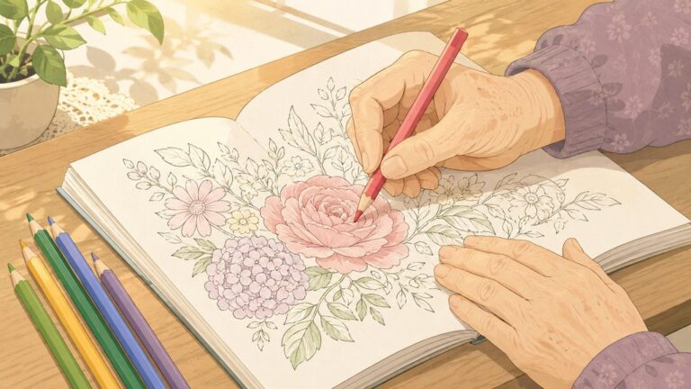 色鉛筆で丁寧に塗り絵をするおばあちゃんの手元のイラスト