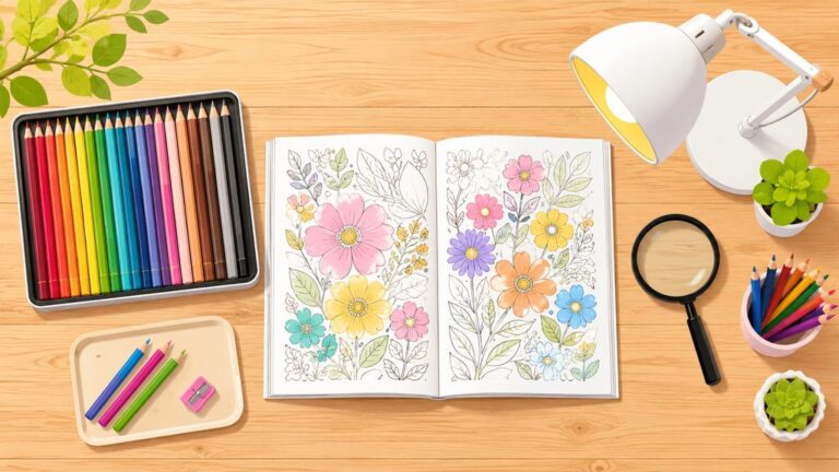 塗り絵を始めるための道具一式が並んだテーブルのイラスト