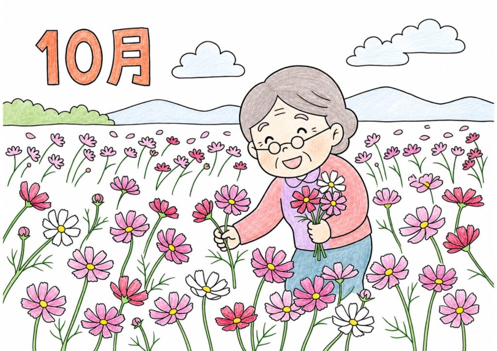 コスモス畑の塗り絵イラスト カラー見本（無料・印刷OK）