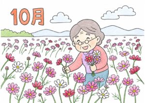 コスモス畑の塗り絵イラスト カラー見本（無料・印刷OK）