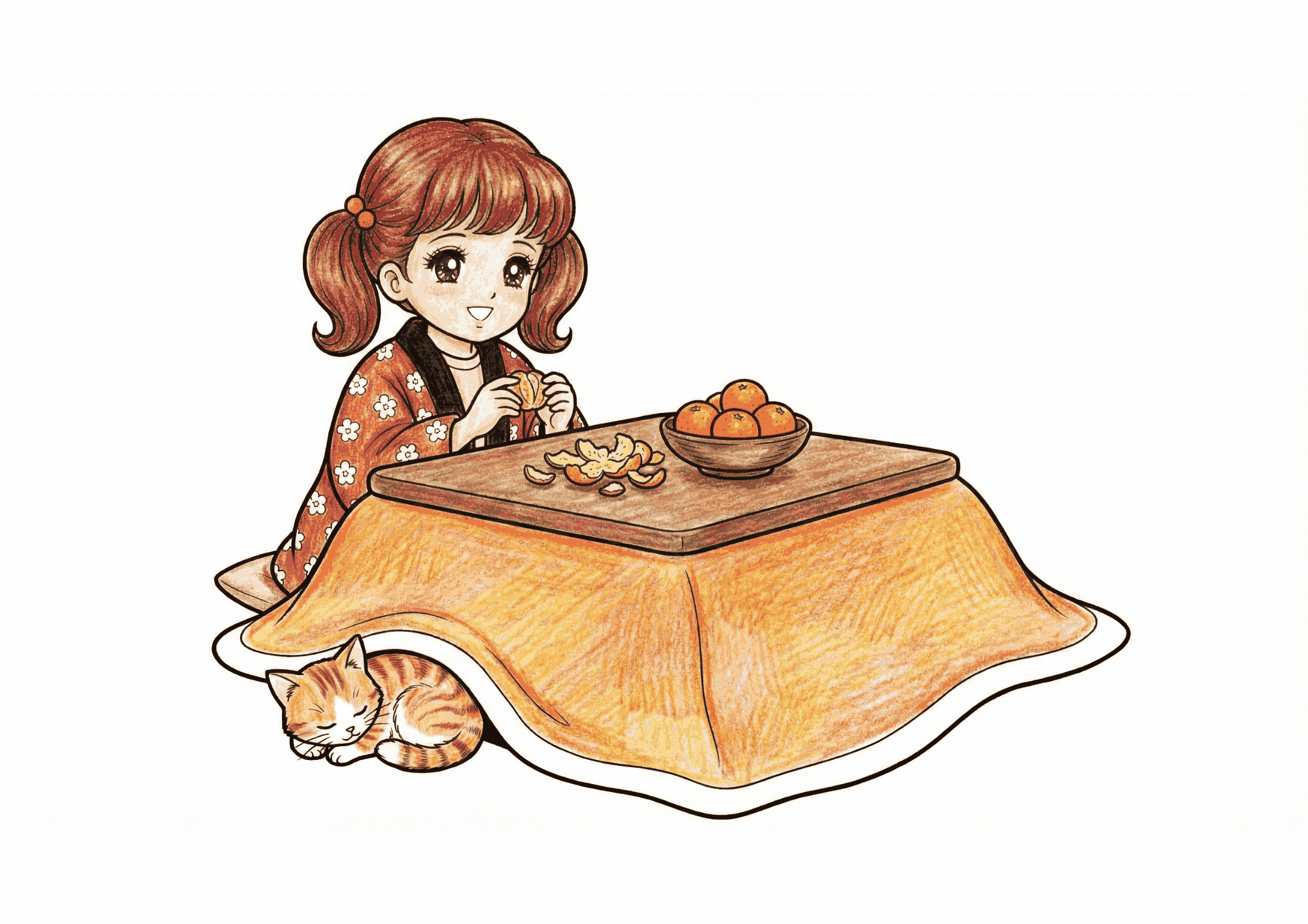 こたつでみかんをむく女の子と猫の昭和レトロ塗り絵イラスト|無料ダウンロード|フリー画像|素材
