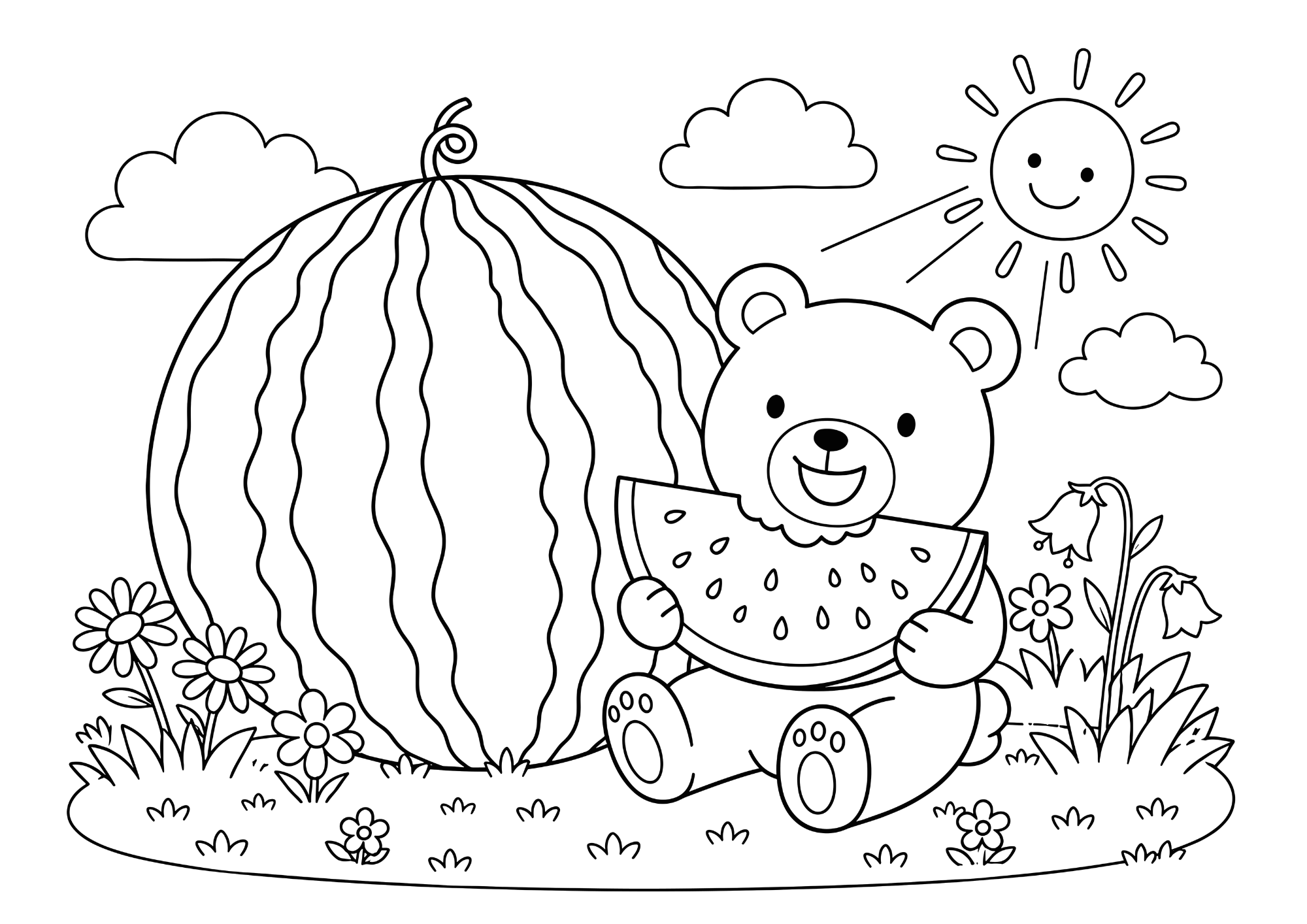 スイカを食べるクマの塗り絵 白黒