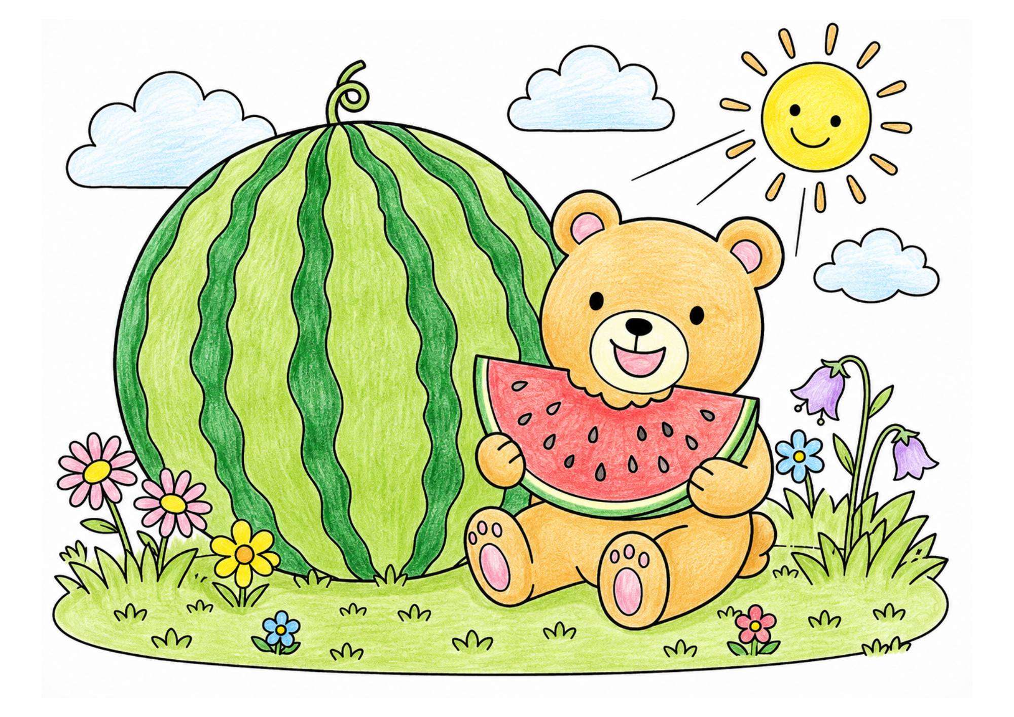 スイカを食べるクマの塗り絵 カラー見本