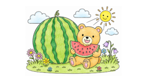 スイカを食べるクマさんの塗り絵イラスト