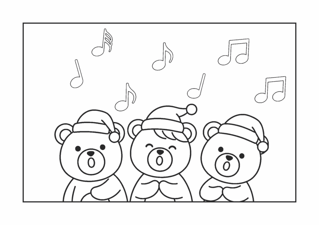 Bear choir coloring page — line art, free printable