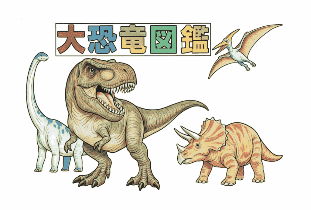 大恐竜図鑑の無料ぬりえ｜幼児向け｜ティラノサウルス・トリケラトプス・プテラノドン｜ダウンロード