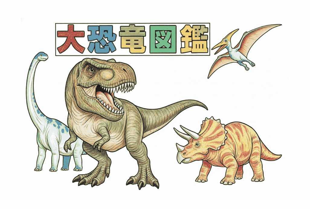 大恐竜図鑑の無料ぬりえ|幼児向け|ティラノサウルス・トリケラトプス・プテラノドン|ダウンロード