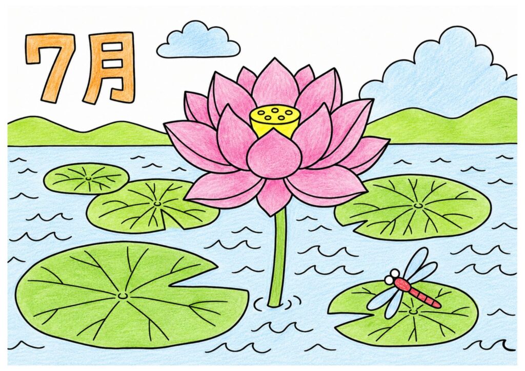 ハス（蓮）の塗り絵イラスト カラー見本（無料・印刷OK）