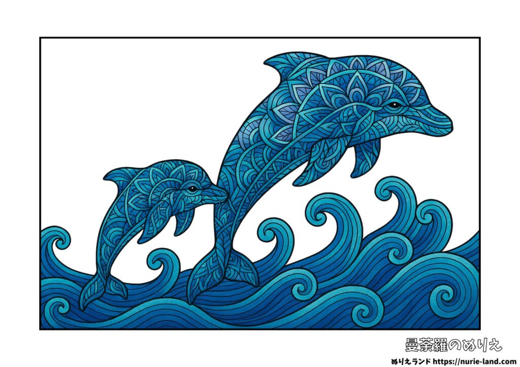 イルカ親子の曼荼羅の塗り絵イラスト カラー見本（無料・印刷OK）