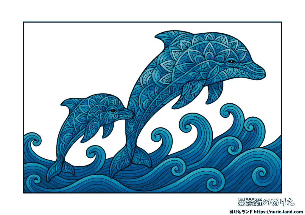 イルカ親子の曼荼羅塗り絵｜優雅に泳ぐ海の仲間たち｜大人向け無料ダウンロード