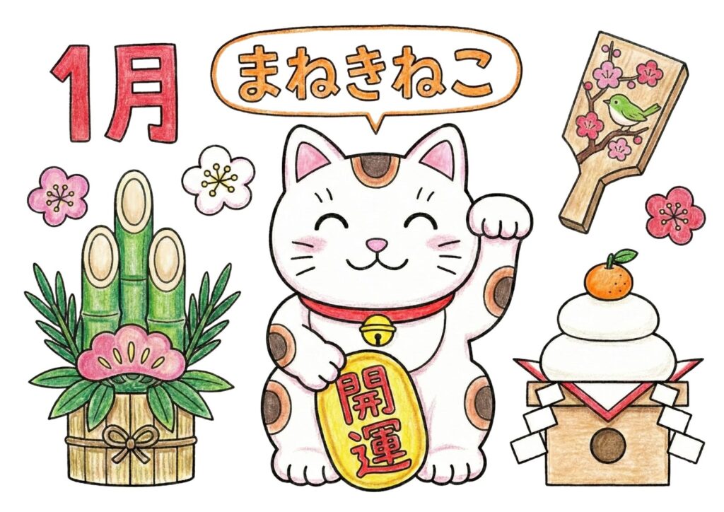 1月の縁起物の塗り絵イラスト カラー見本（無料・印刷OK）