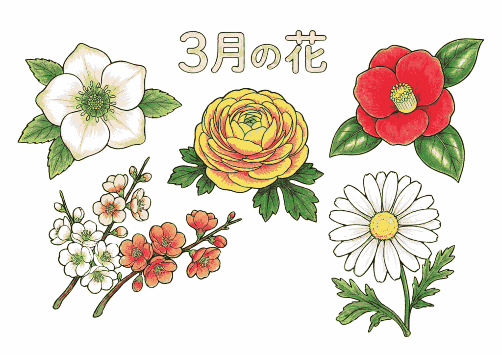 3月の花塗り絵イラスト無料ダウンロード用見本画像・フリー画像素材