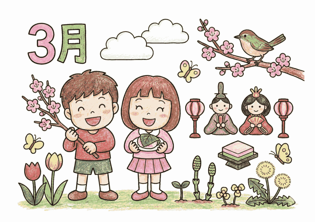 3月の春とひなまつりのイラスト｜無料ダウンロード｜塗り絵イラスト｜フリー画像｜素材｜子供向け