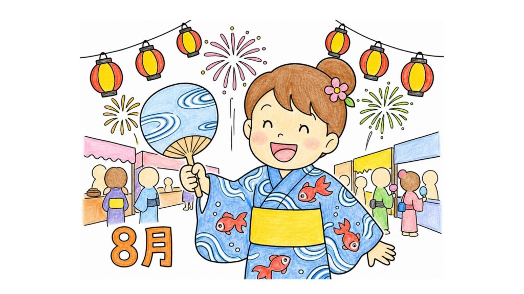 8月夏祭りの塗り絵イラスト カラー見本（無料・印刷OK）